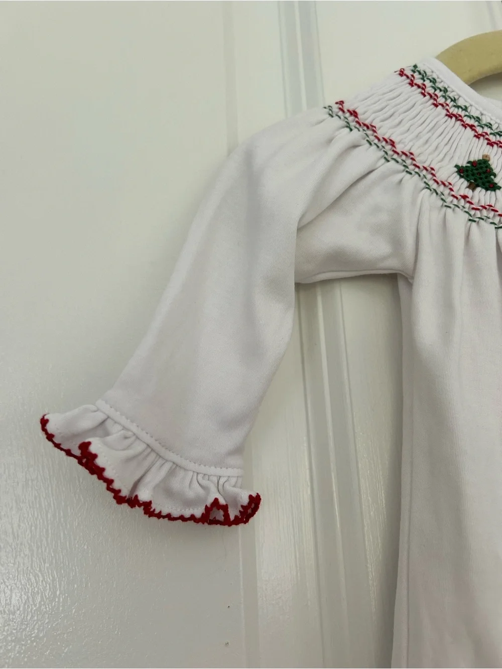 Kissy Kissy Newborn Holiday Medley Smocked outfit embroidered Christmas trees